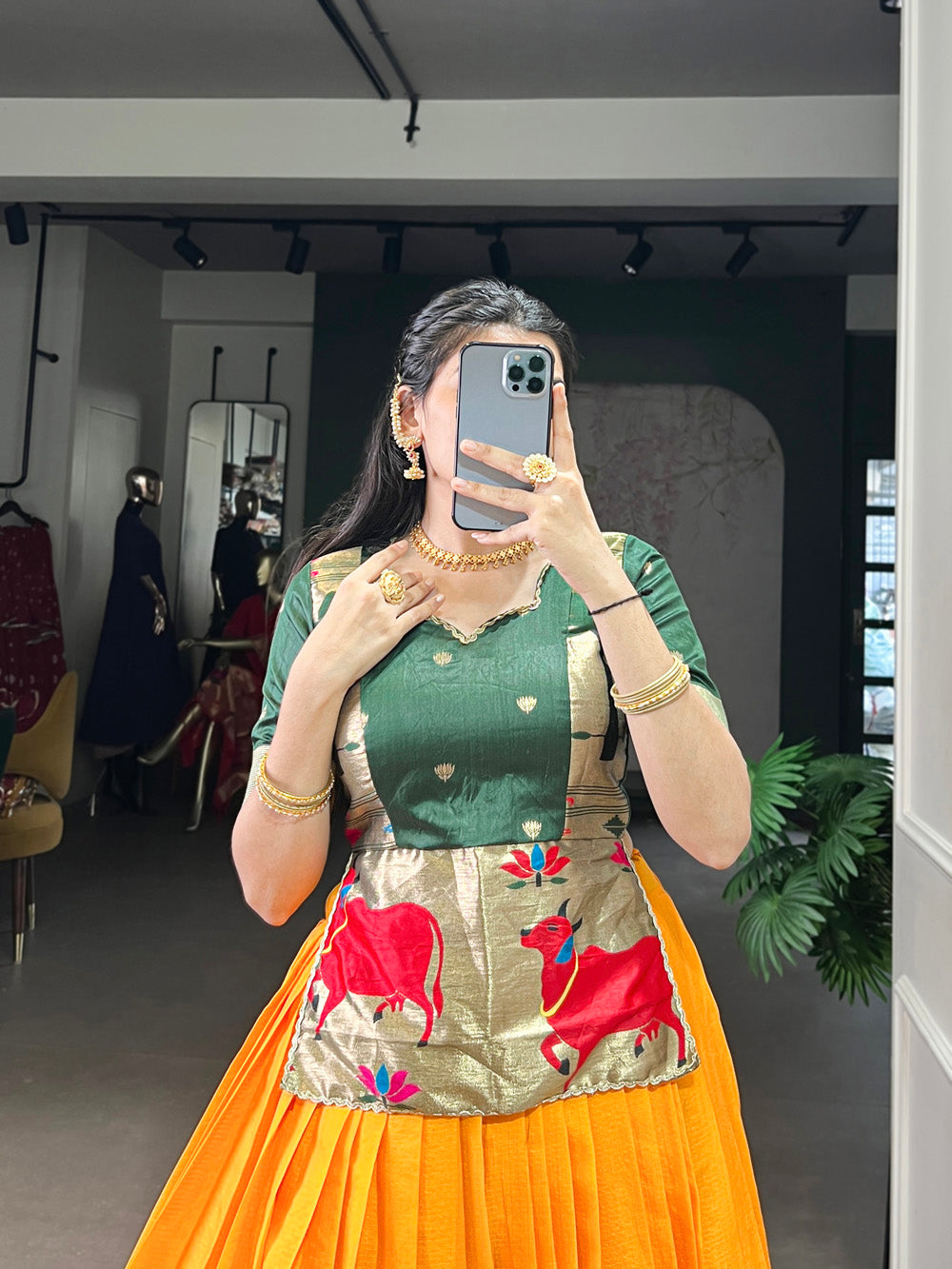 Mustard south indian style zari border lehenga choli with jacquard silk blouse