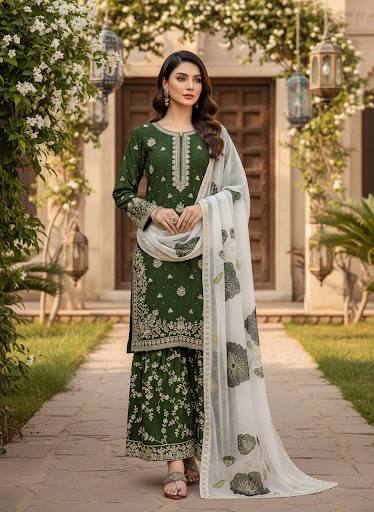 Jade Green Designer Pure Fendi Silk Heavy Embroidered Kurta Palazzo Set with 5 mm Sequins, Rivet Moti Work & Digital Printed Tabby Silk Dupatta