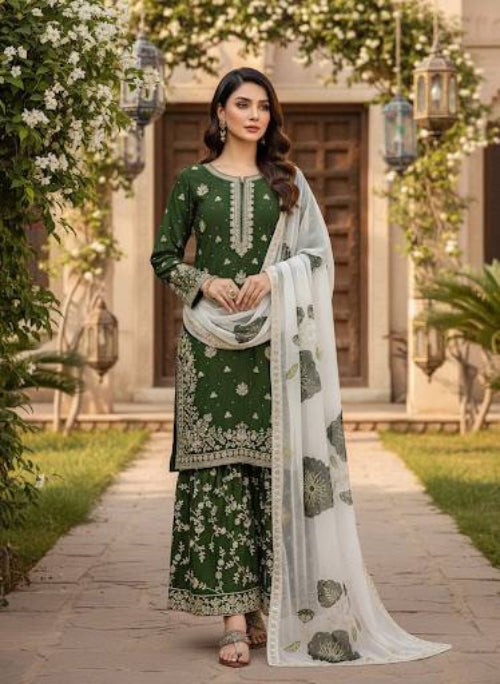 Jade Green Designer Pure Fendi Silk Heavy Embroidered Kurta Palazzo Set with 5 mm Sequins, Rivet Moti Work & Digital Printed Tabby Silk Dupatta