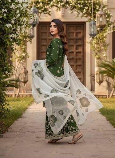 Jade Green Designer Pure Fendi Silk Heavy Embroidered Kurta Palazzo Set with 5 mm Sequins, Rivet Moti Work & Digital Printed Tabby Silk Dupatta
