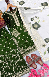 Jade Green Designer Pure Fendi Silk Heavy Embroidered Kurta Palazzo Set with 5 mm Sequins, Rivet Moti Work & Digital Printed Tabby Silk Dupatta