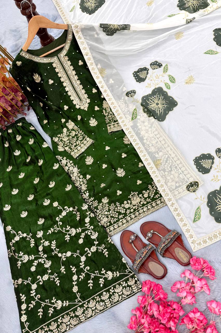 Jade Green Designer Pure Fendi Silk Heavy Embroidered Kurta Palazzo Set with 5 mm Sequins, Rivet Moti Work & Digital Printed Tabby Silk Dupatta