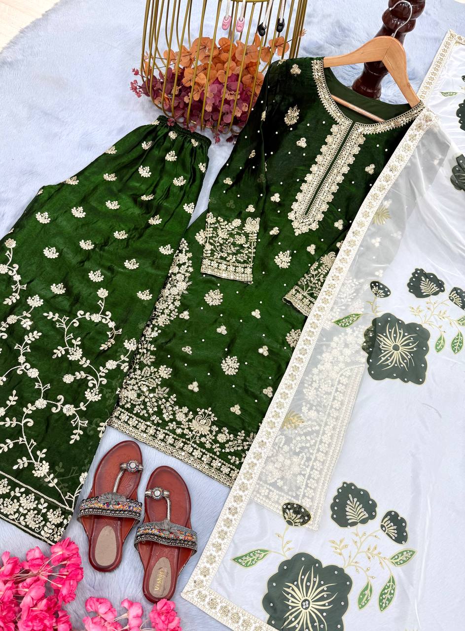 Jade Green Designer Pure Fendi Silk Heavy Embroidered Kurta Palazzo Set with 5 mm Sequins, Rivet Moti Work & Digital Printed Tabby Silk Dupatta