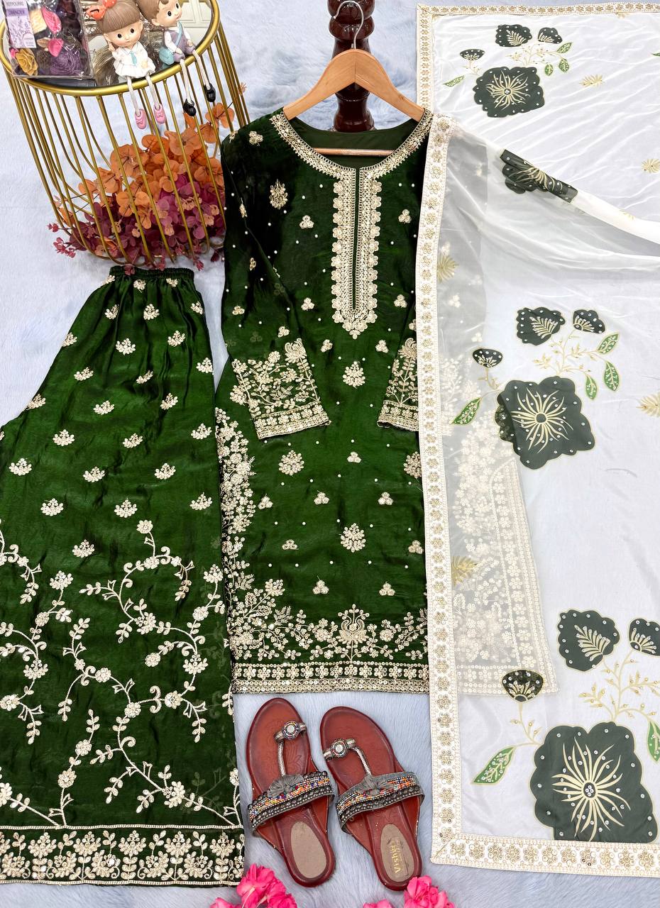 Jade Green Designer Pure Fendi Silk Heavy Embroidered Kurta Palazzo Set with 5 mm Sequins, Rivet Moti Work & Digital Printed Tabby Silk Dupatta