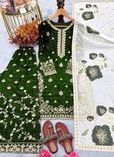 Jade Green Designer Pure Fendi Silk Heavy Embroidered Kurta Palazzo Set with 5 mm Sequins, Rivet Moti Work & Digital Printed Tabby Silk Dupatta