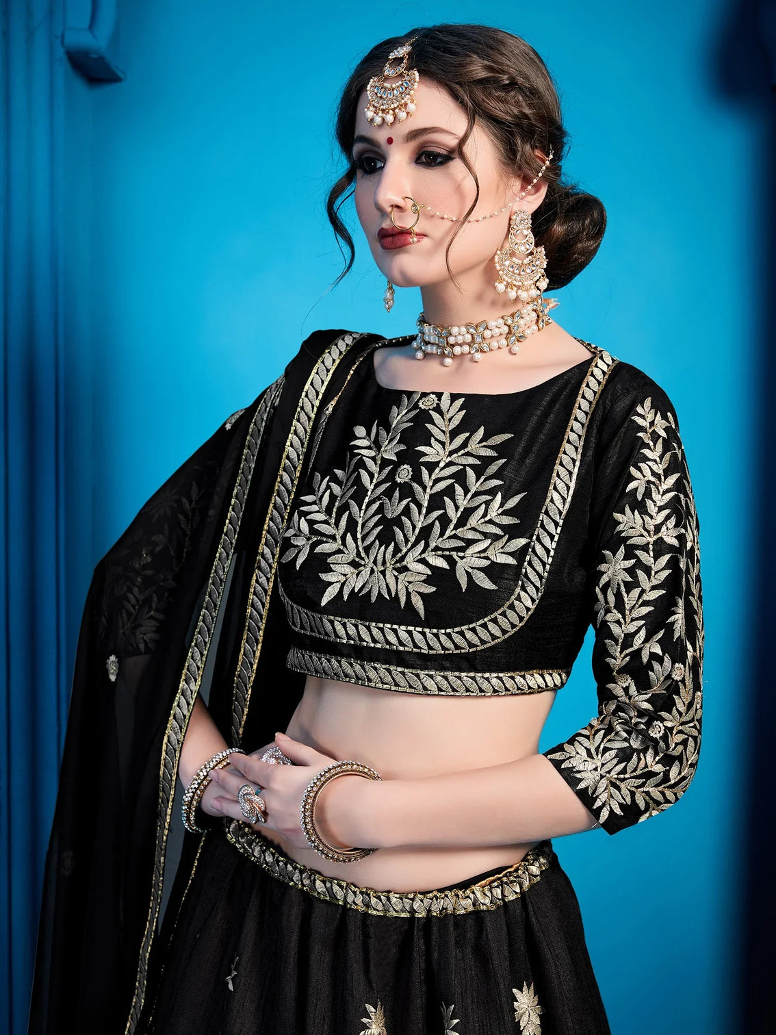 Jet-Black Art Silk Lehenga Choli With Silver Gold Embroidery And Sheer Dupatta