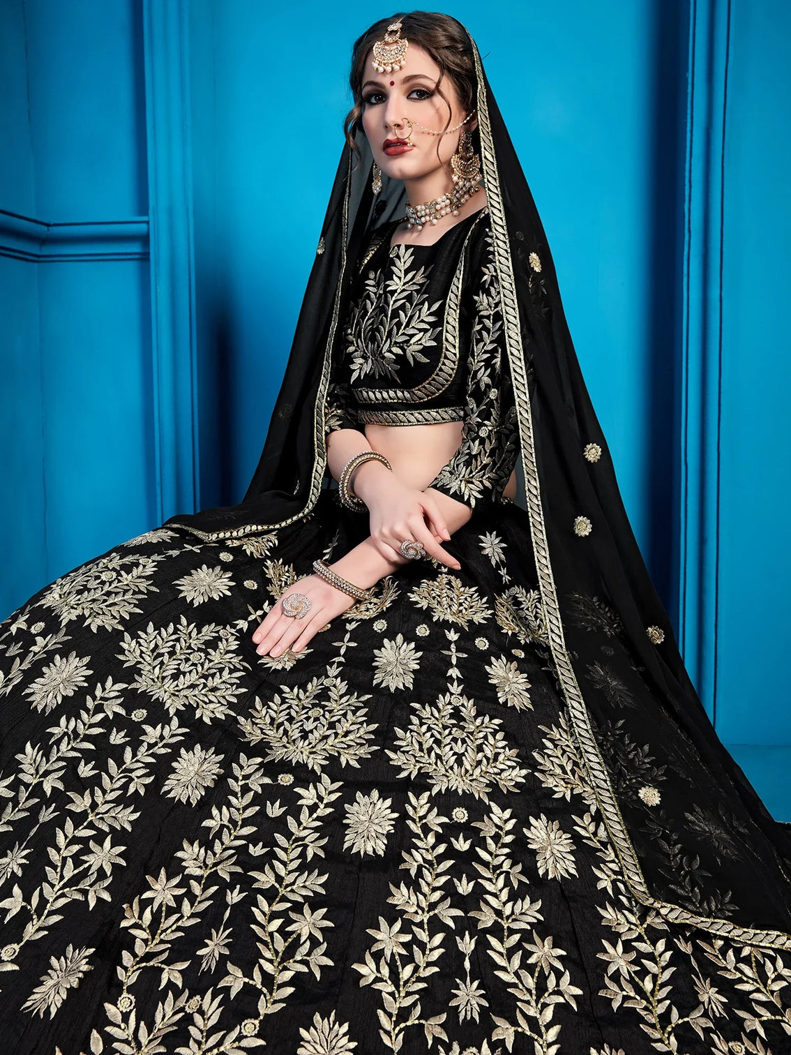 Jet-Black Art Silk Lehenga Choli With Silver Gold Embroidery And Sheer Dupatta
