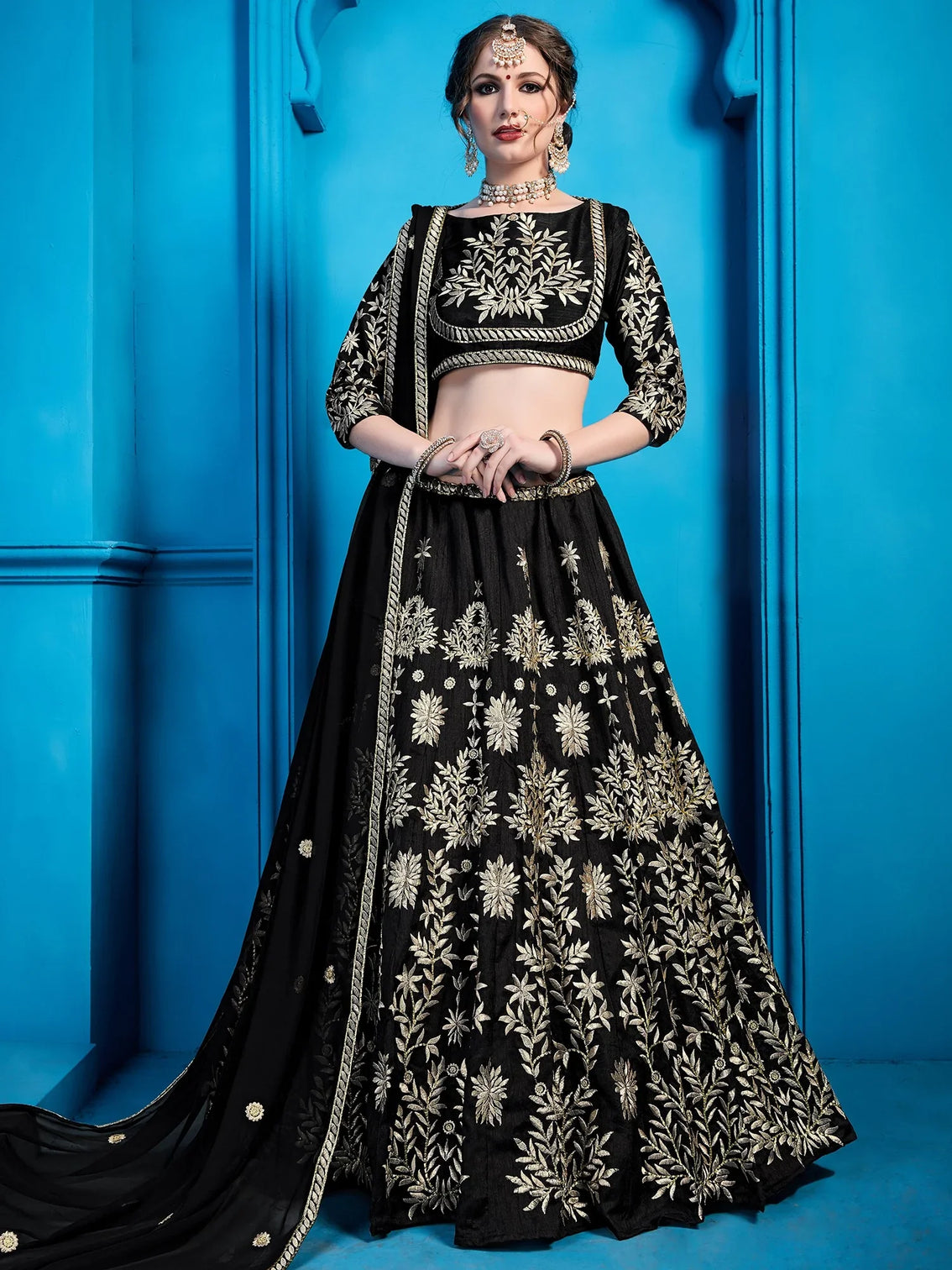 Jet-Black Art Silk Lehenga Choli With Silver Gold Embroidery And Sheer Dupatta