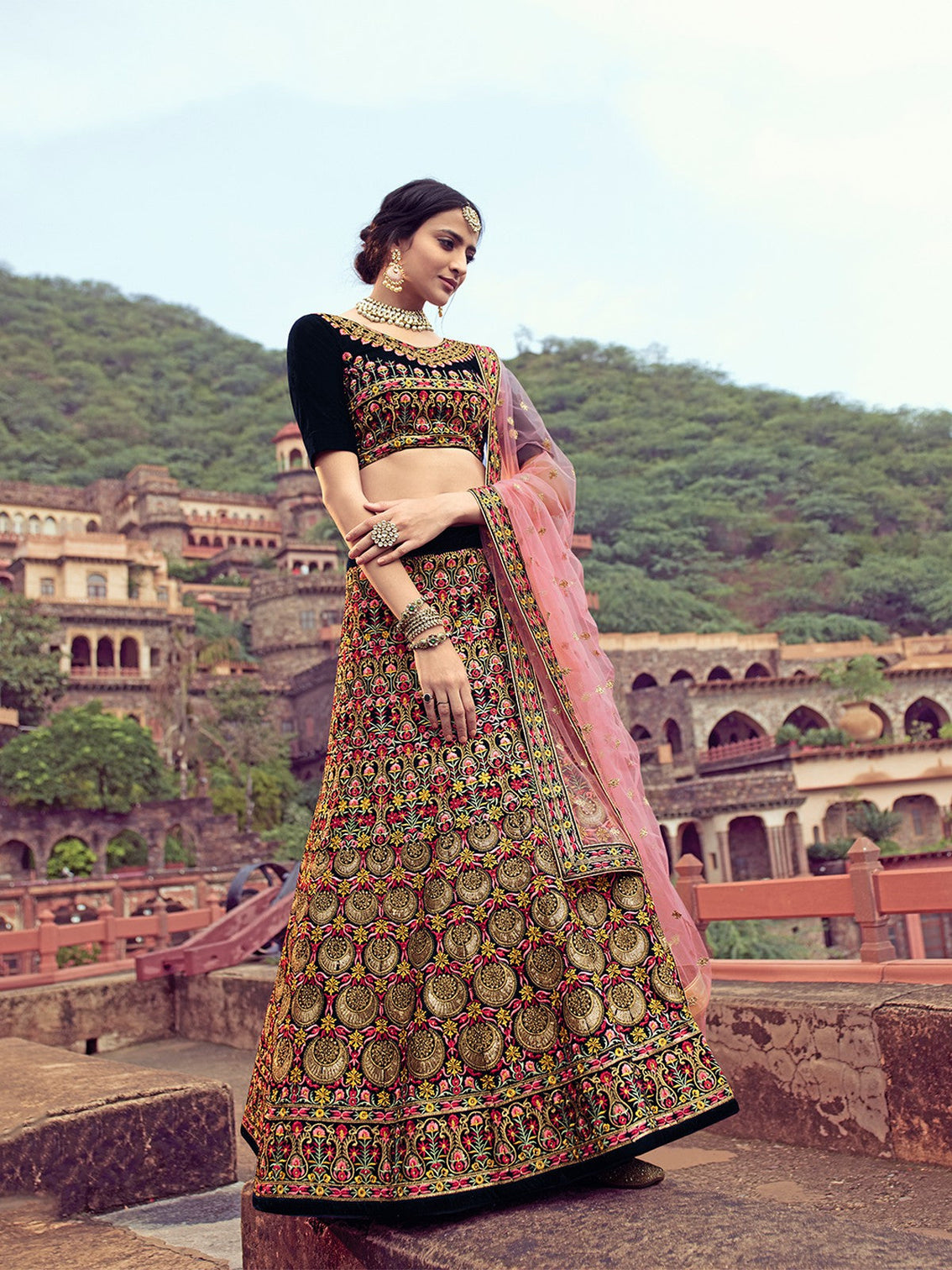 Navy Blue Thread With Mutli Sequins Work Semi Stitched Lehenga With Unstitched Blouse