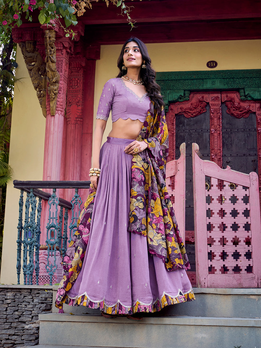 Lavender vichitra silk lehenga choli with kalamkari scallop border tussar silk dupatta