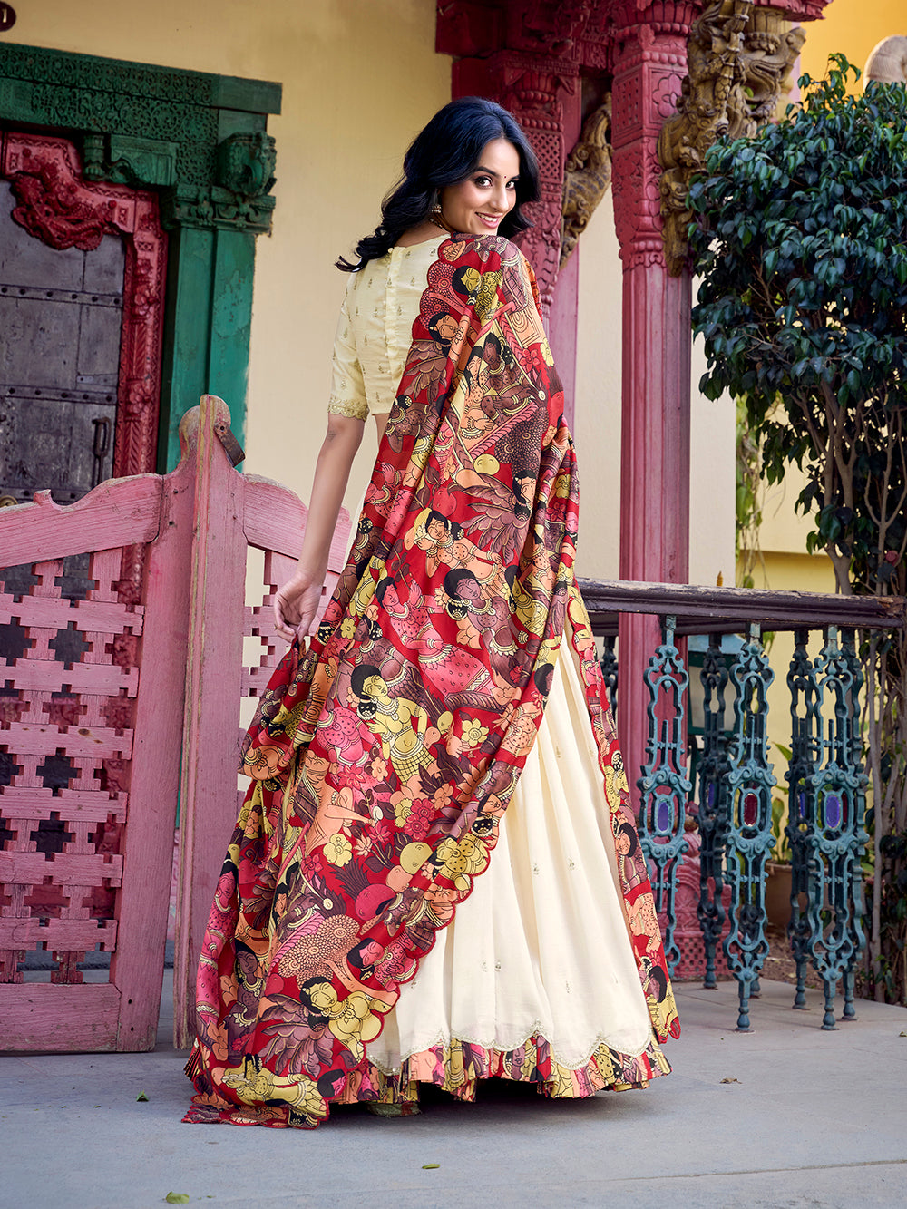 Vichitra silk stitched lehenga choli with kalamkari border tussar silk dupatta
