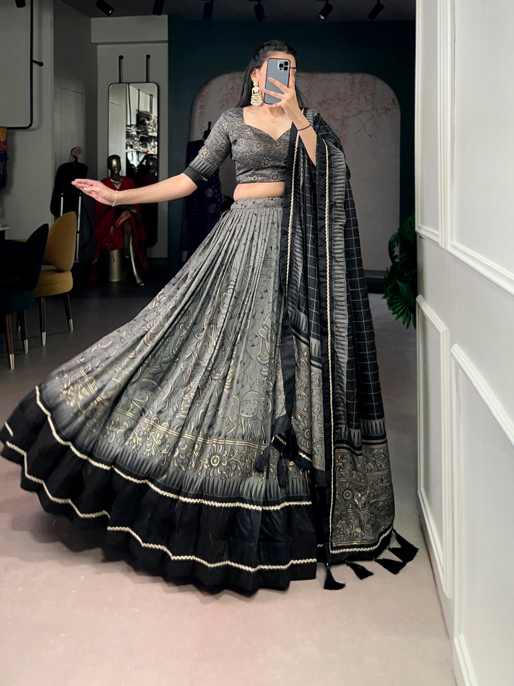 Gray color kalamkari printed lehenga choli