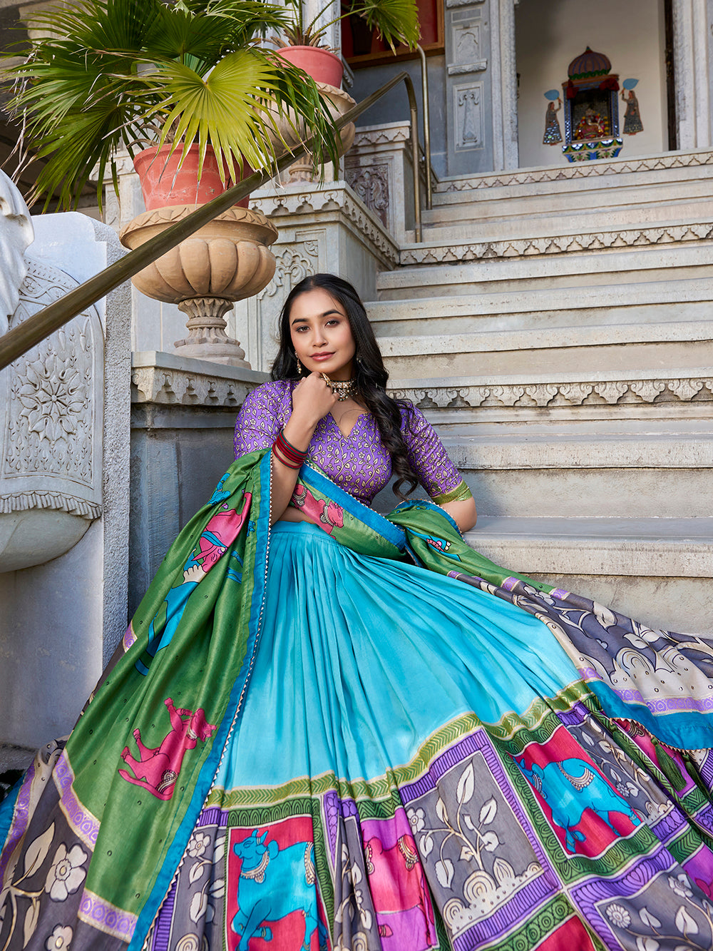 Sea green tasar silk lehenga choli with kalamkari print foil work