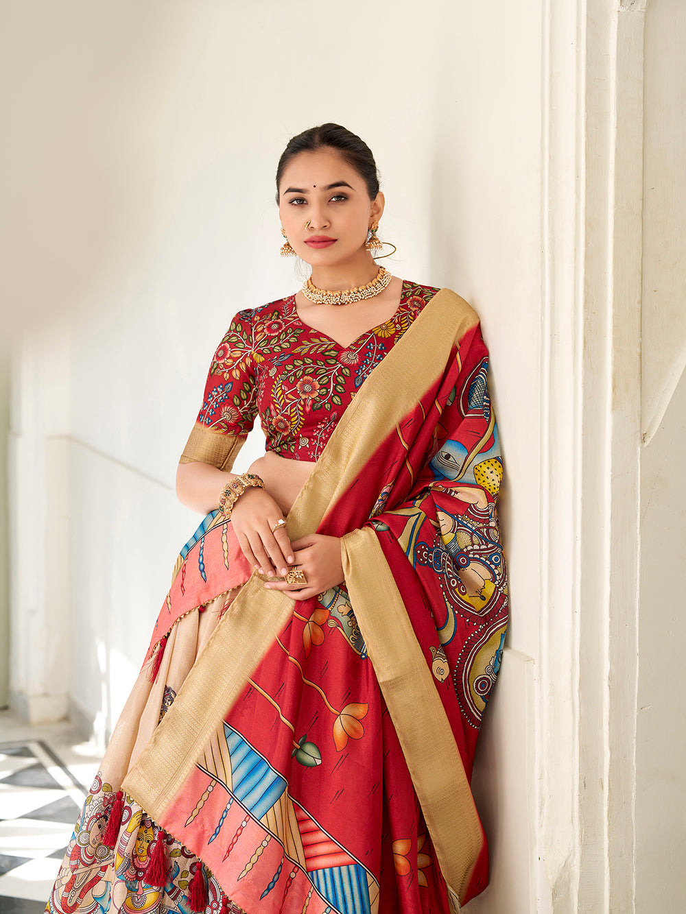 Cream color kalamkari print with weaving border dola silk lehenga choli