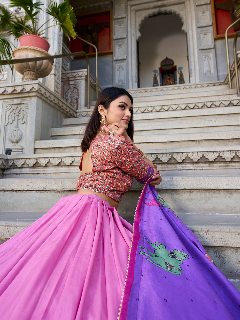 Peach tasar silk lehenga choli with kalamkari print foil work
