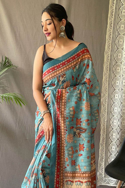 Cornflower Blue Kalamkari Saree