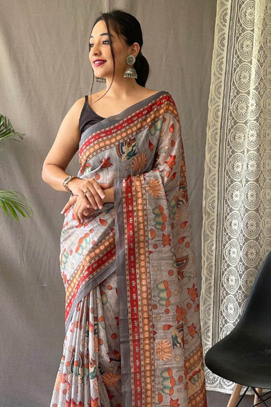 Pearl River Grey Kalamkari Saree