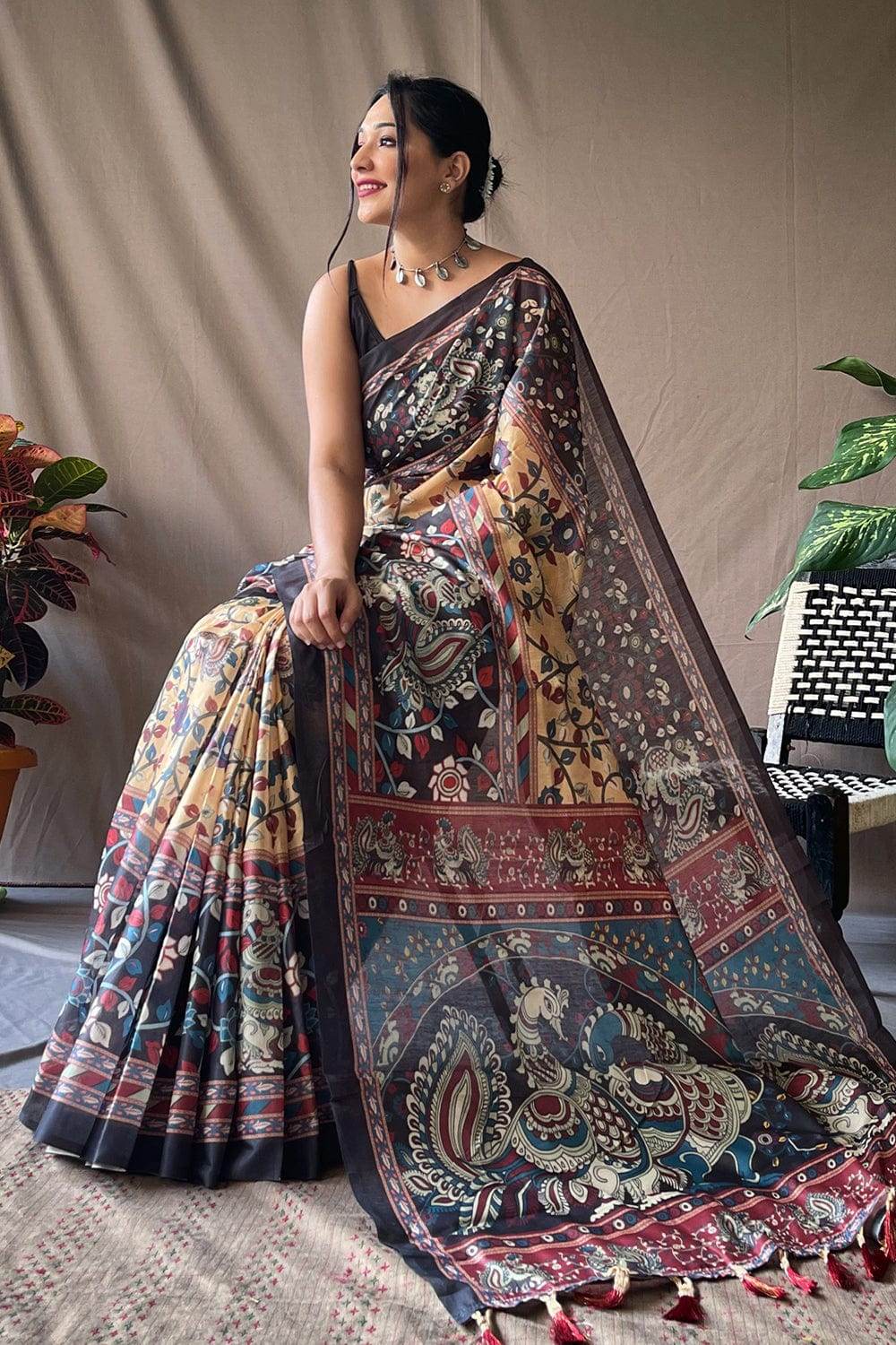 Yellow & Black Kalamkari Saree With Blouse Piece