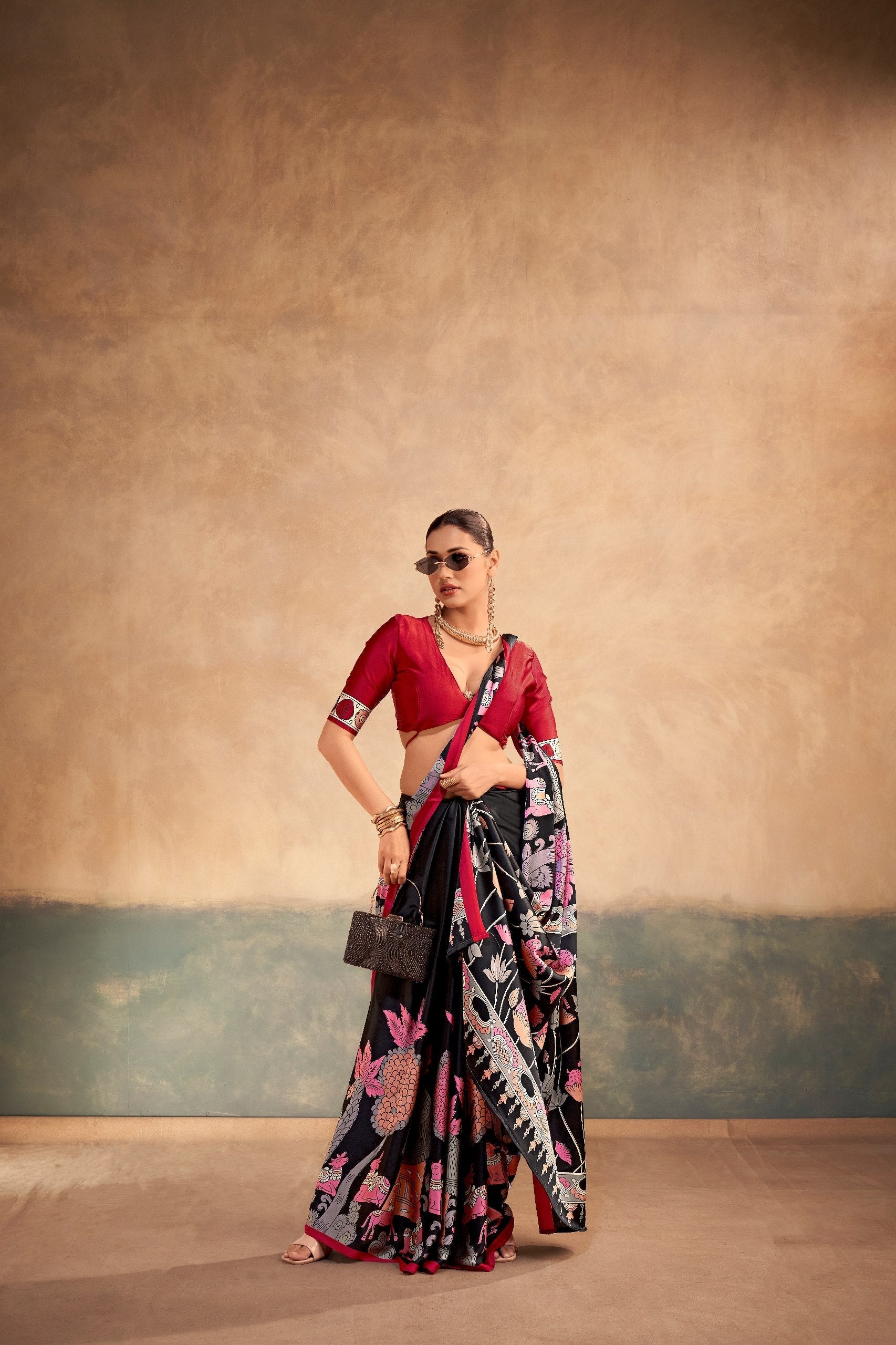 Kalamkari Satin Silk Printed Saree