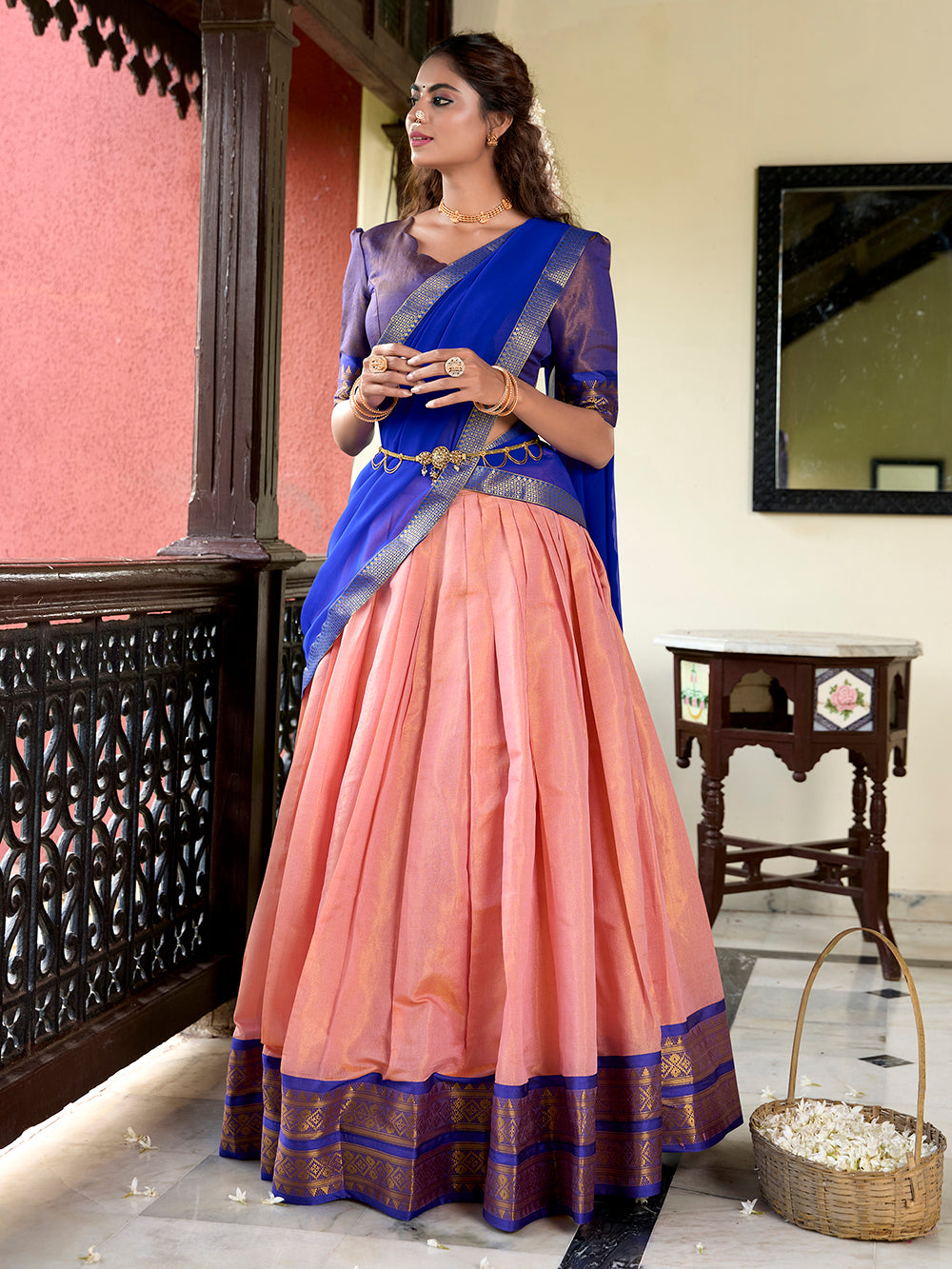Peach color zari weaving work kanchipuram lehenga choli