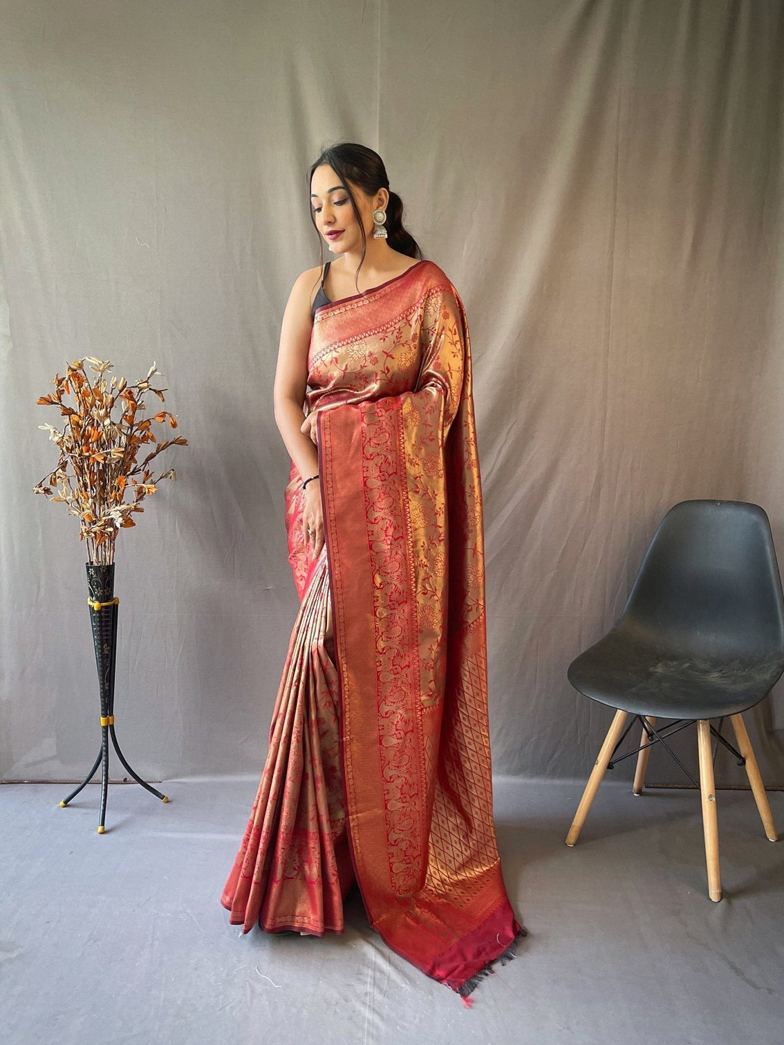 Dark Red Saree in Kanjeevaram Silk