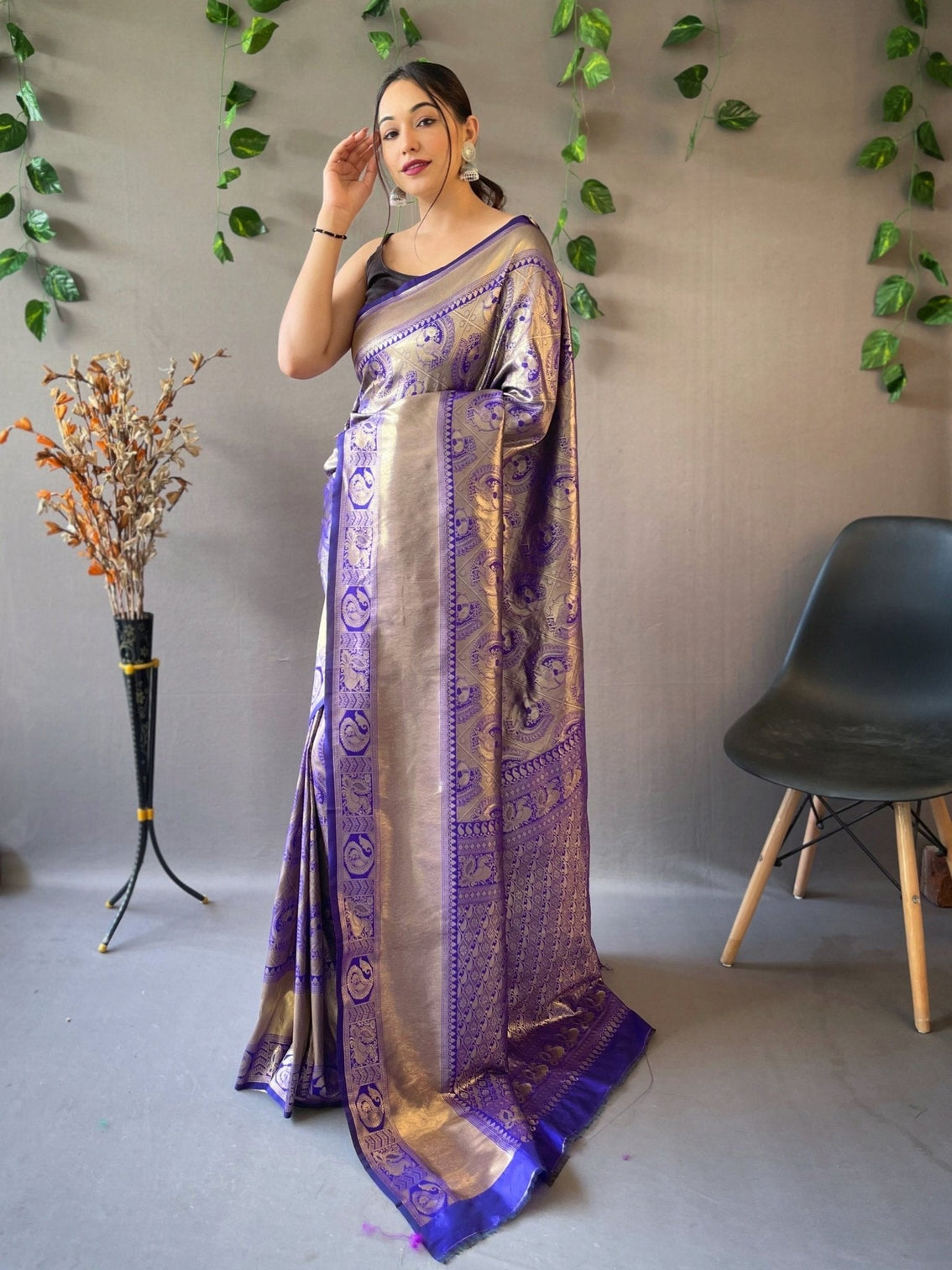 Persian Indigo Saree in Kanjeevaram Silk Self Peacock Woven