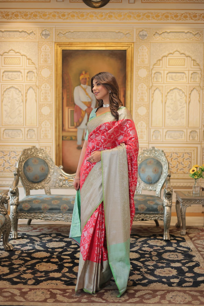 Kanjivaram Silk Red Saree with Zari Weaving & Unstitched Blouse