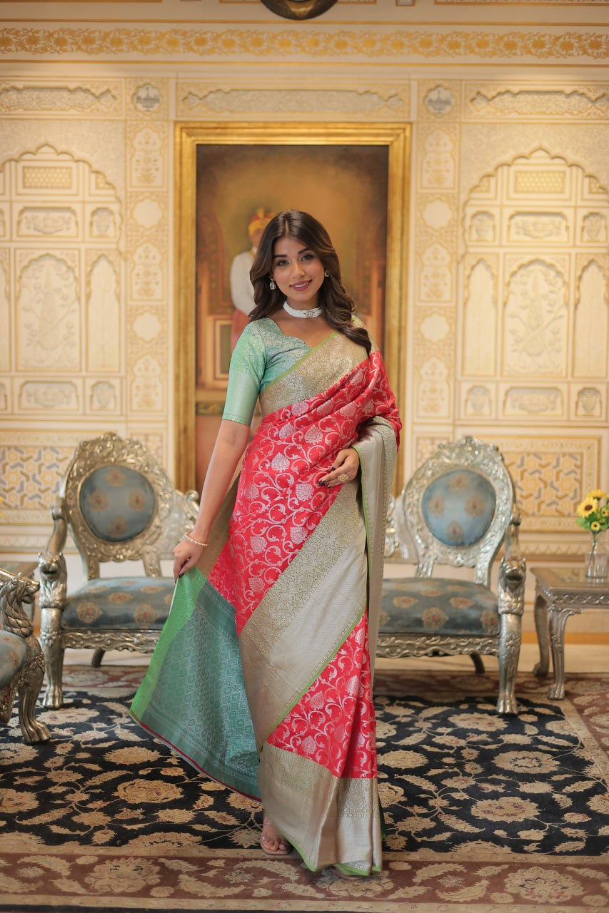 Kanjivaram Silk Red Saree with Zari Weaving & Unstitched Blouse