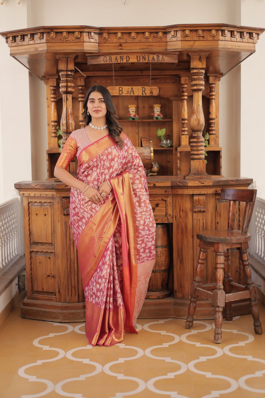 Kanjivaram Silk Pink Saree with Zari Weaving Work