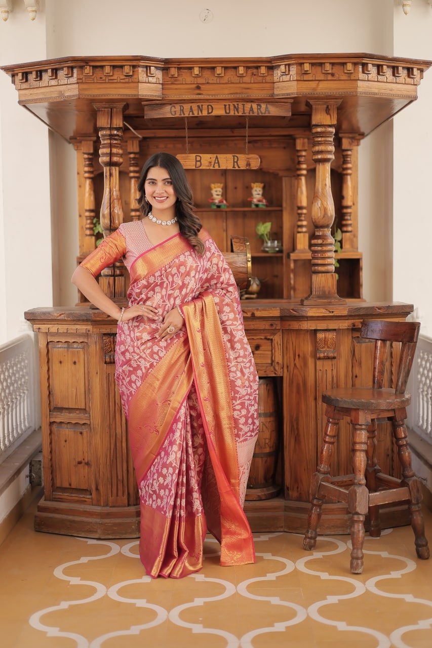 Kanjivaram Silk Pink Saree with Zari Weaving Work