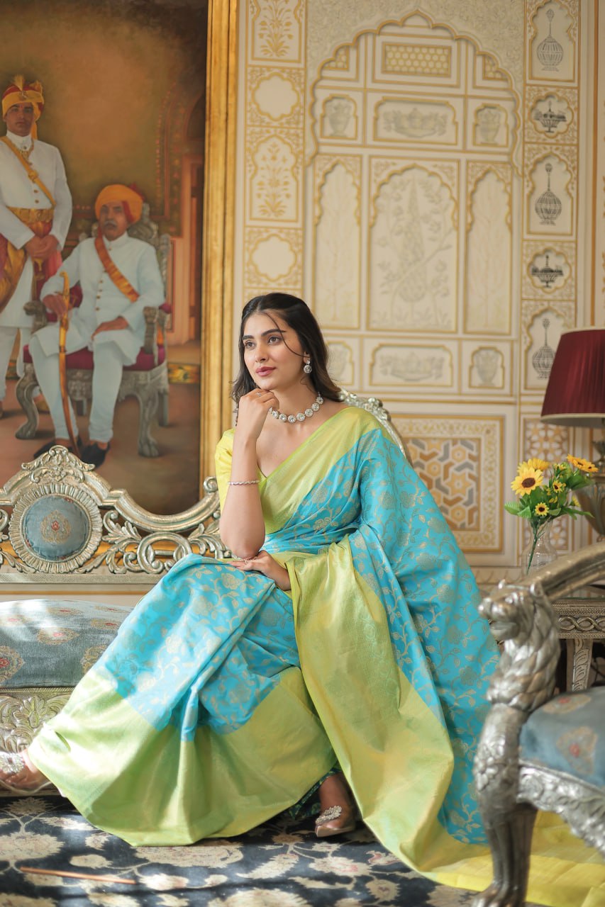 Kanjivaram Silk Yellow & Sky Blue Saree Zari Weaving Work with Blouse