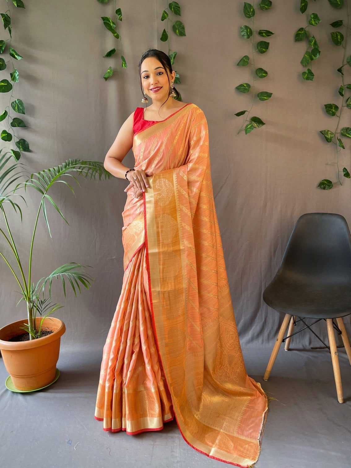 Peach Saree in Cotton Leheriya