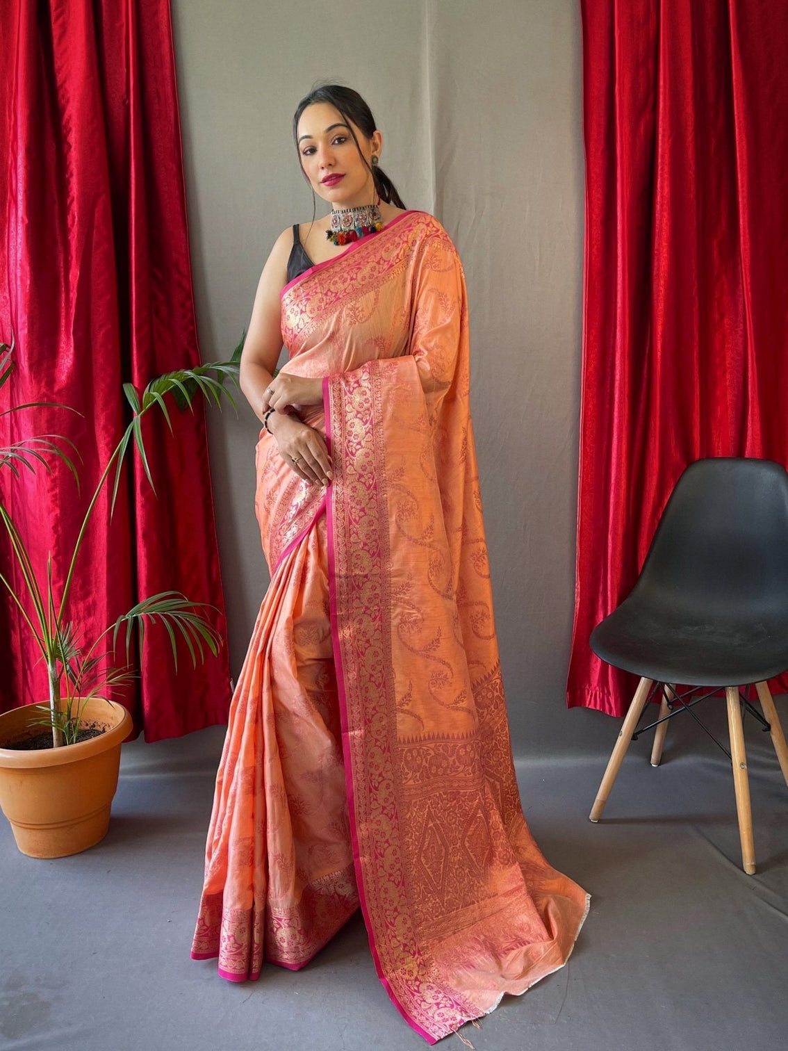 Peach Saree in Cotton Rose Gold