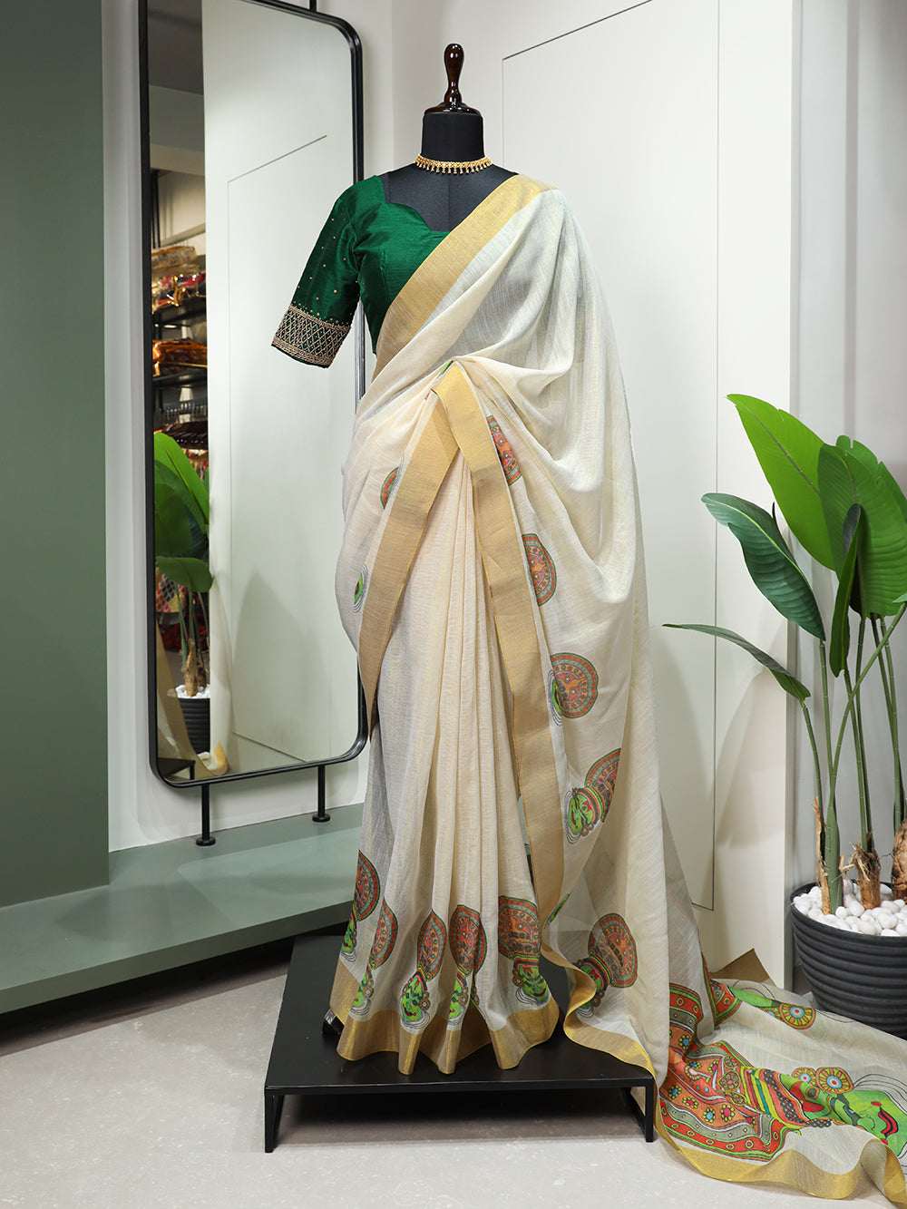Kathak Design Printed Kasavu Zari Border Saree