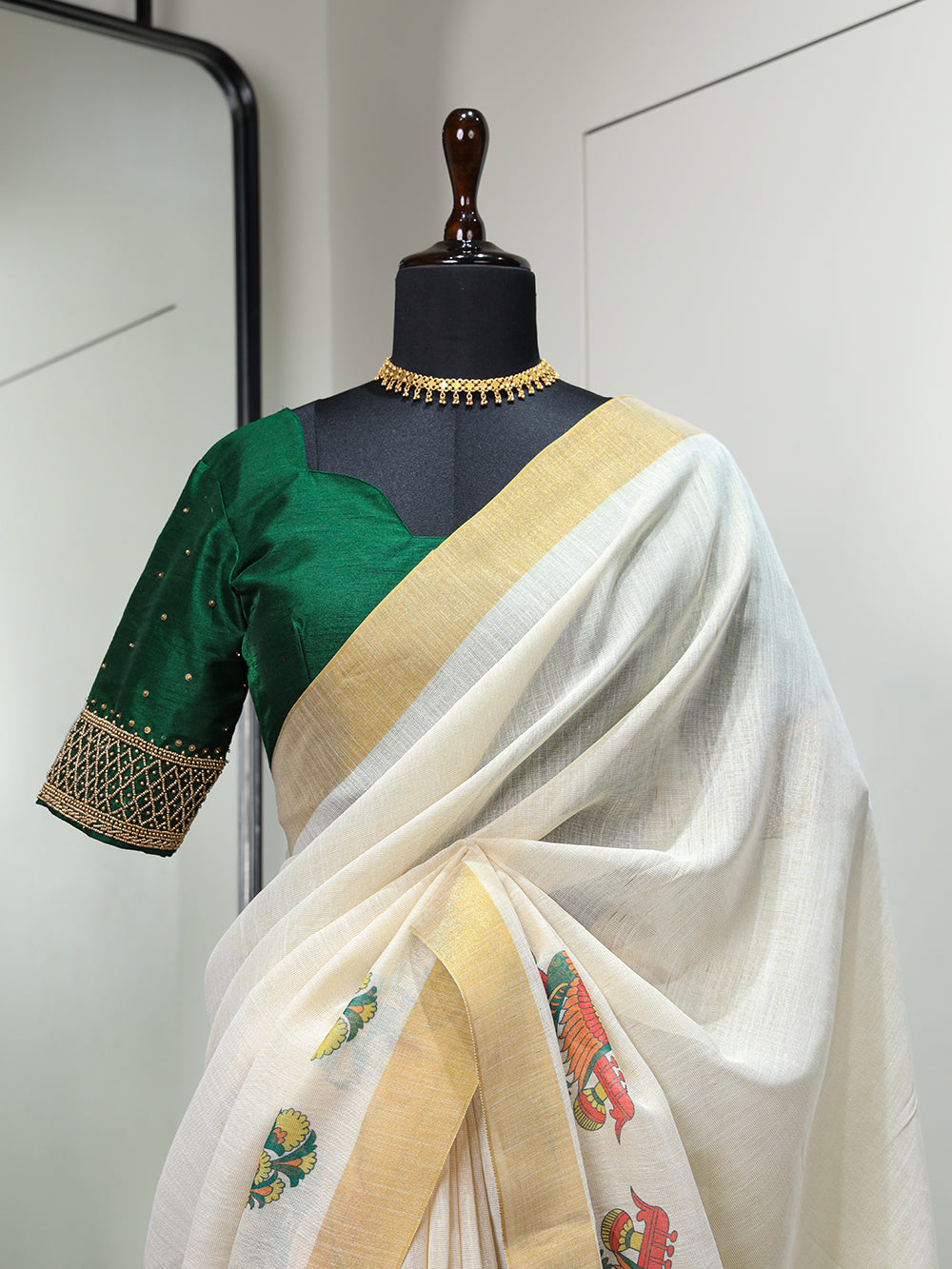 Sitar Design Printed Kasavu Zari Border Saree