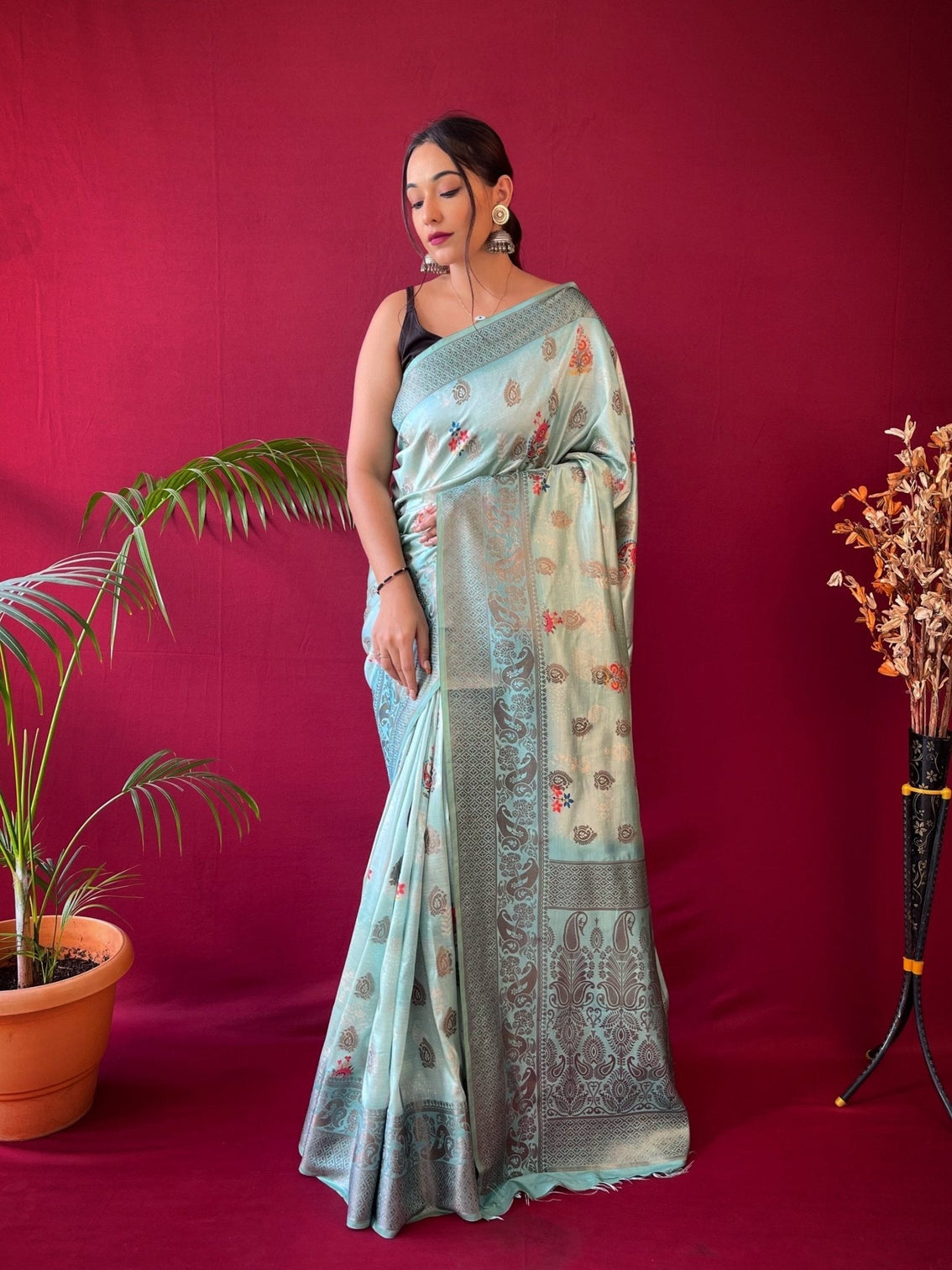 Powder Blue Saree in Soft Silk Floral Print