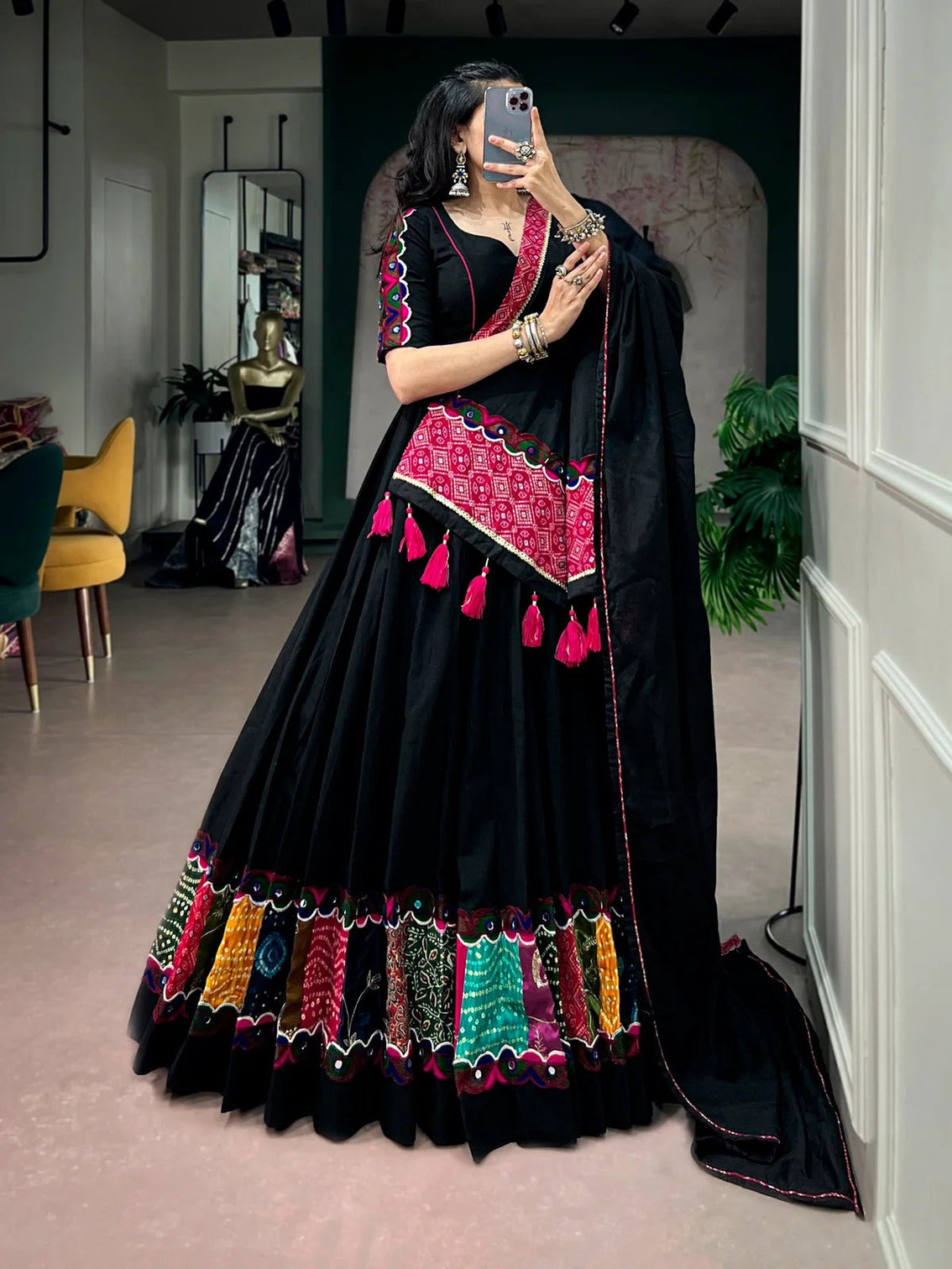 Black khadi cotton gamthi patchwork chaniya choli for navratri