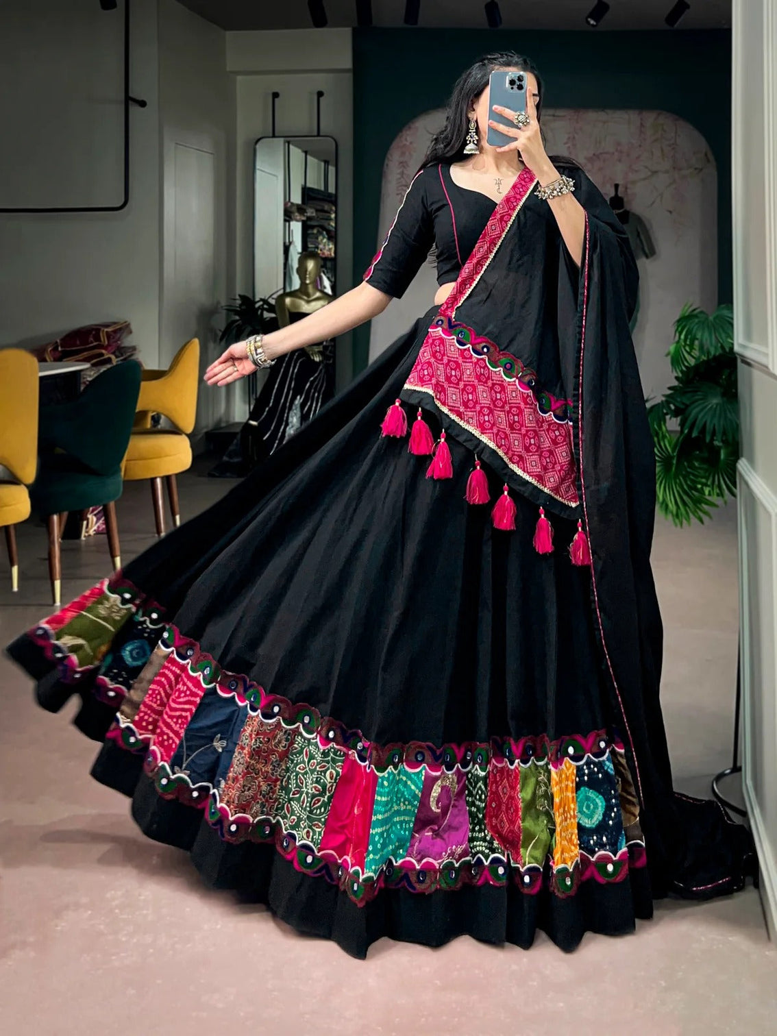 Black khadi cotton gamthi patchwork chaniya choli for navratri