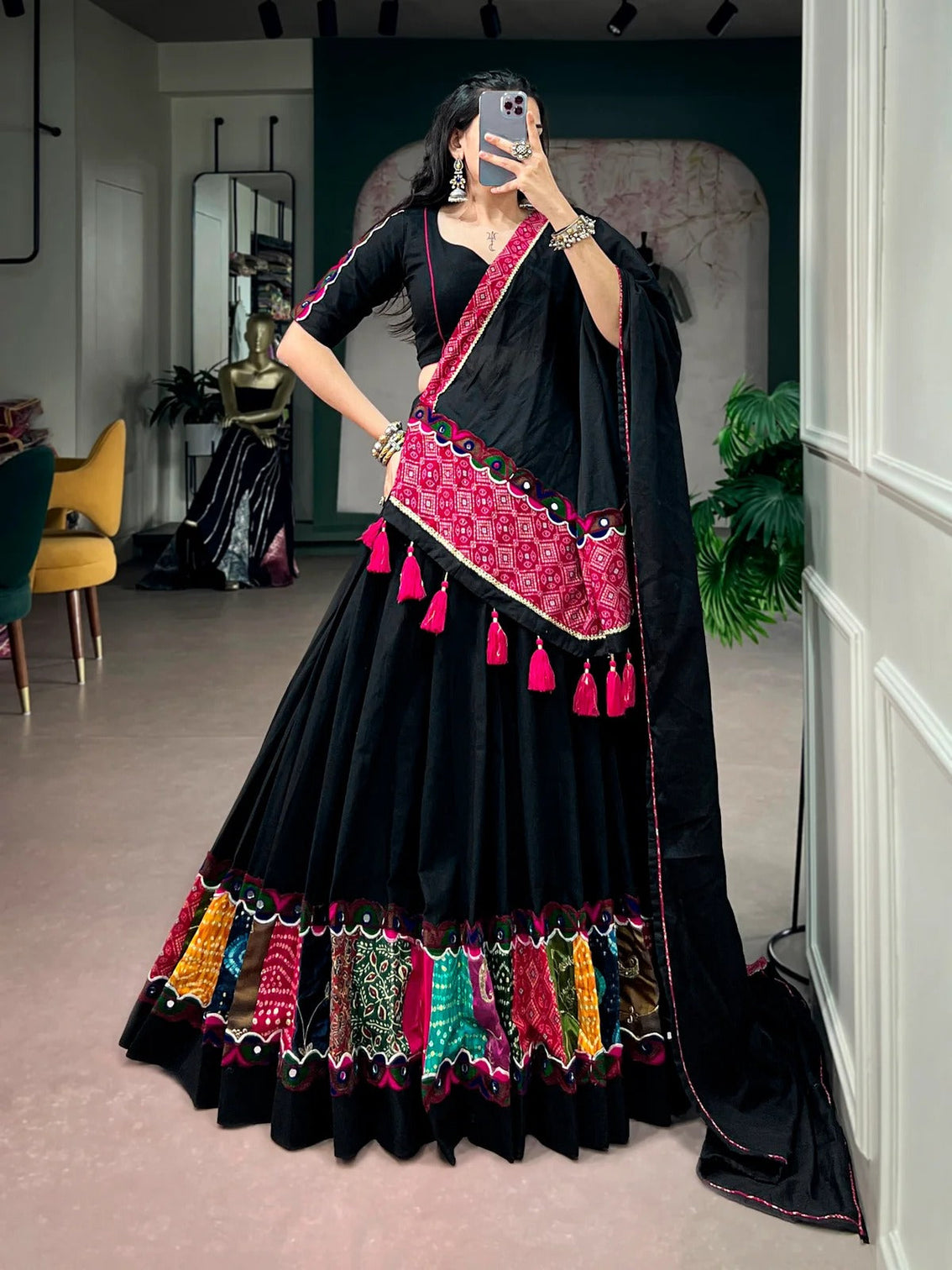 Black khadi cotton gamthi patchwork chaniya choli for navratri