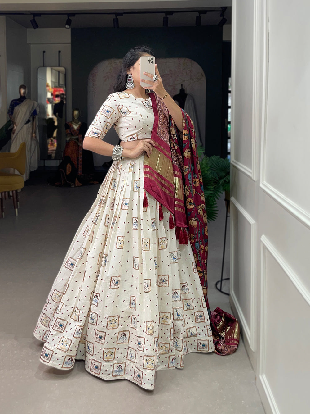 Square Design Sequins And Thread Embroidery Work Khadi Cotton Traditional lehenga Choli