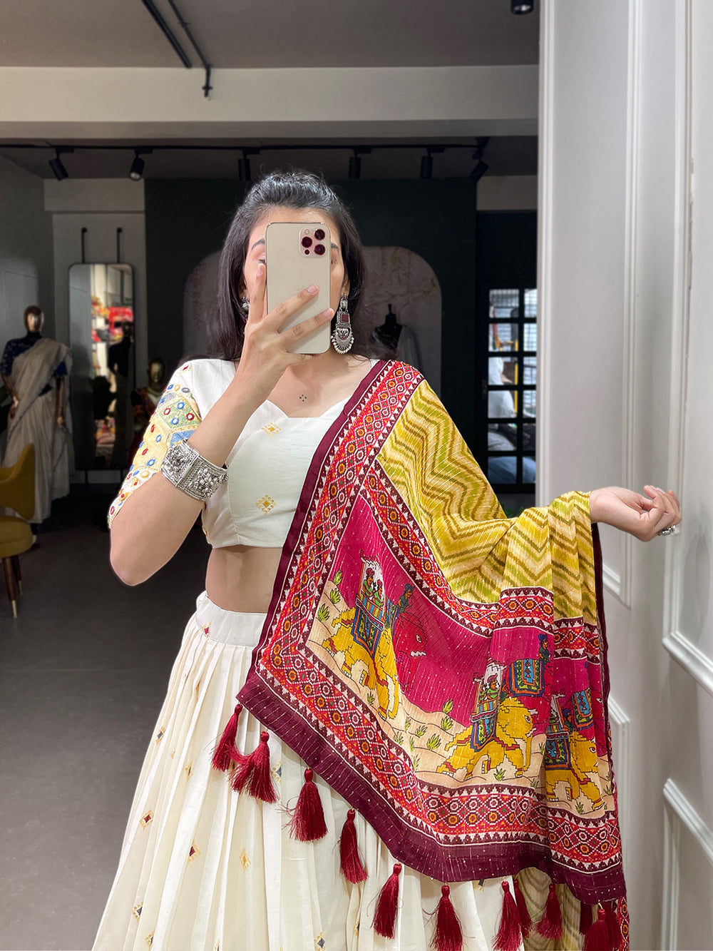 Temple Design Sequins And Thread Embroidery Work Khadi Cotton Wedding Wear Lehenga Choli