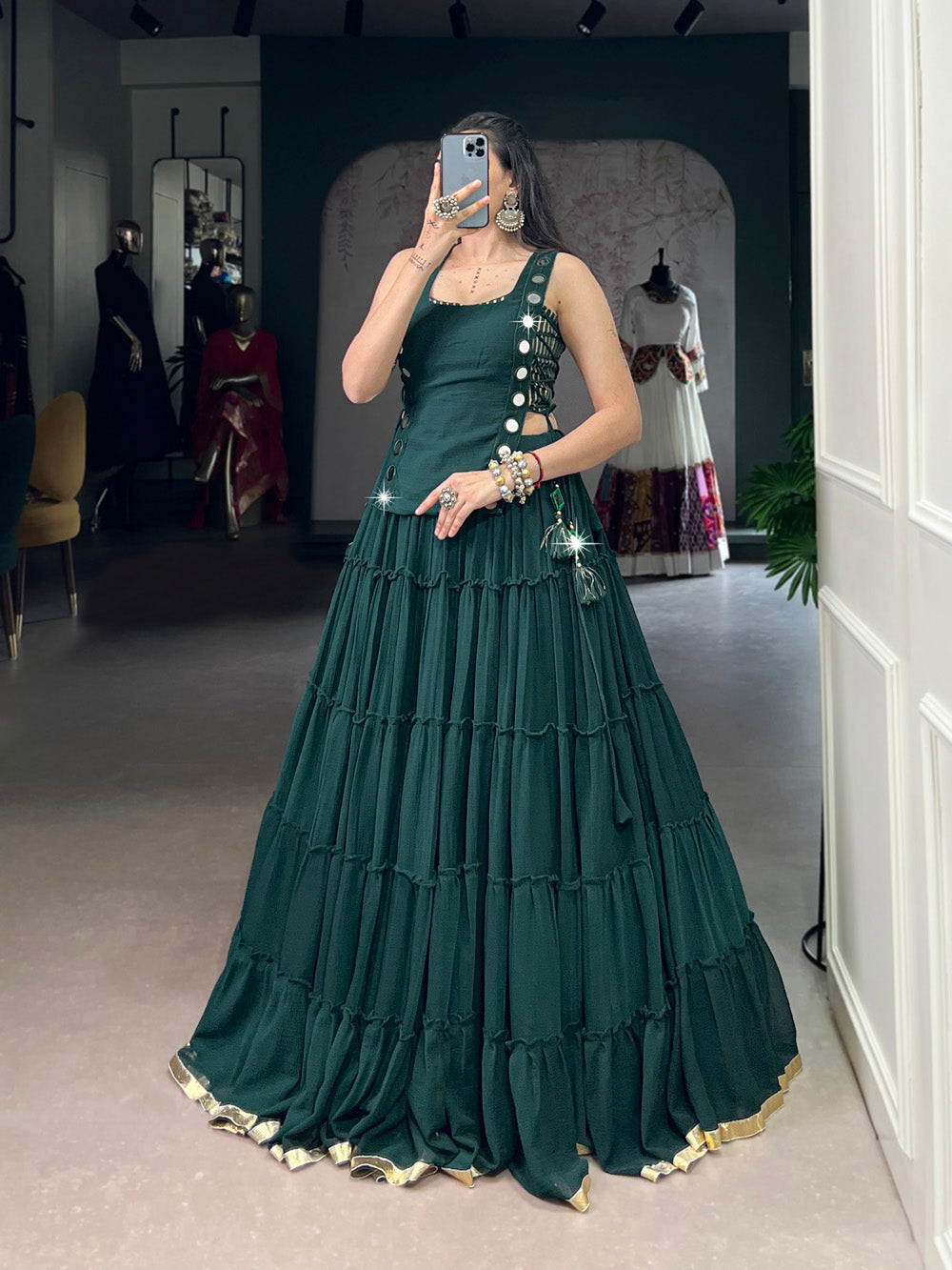 Green color embossed design lace border marbel chaniya choli