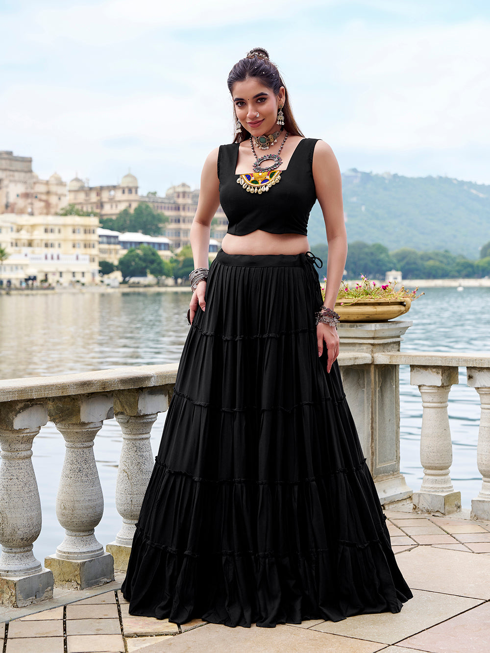 Black color gamthi work with cowrie touch up rayon co ord set