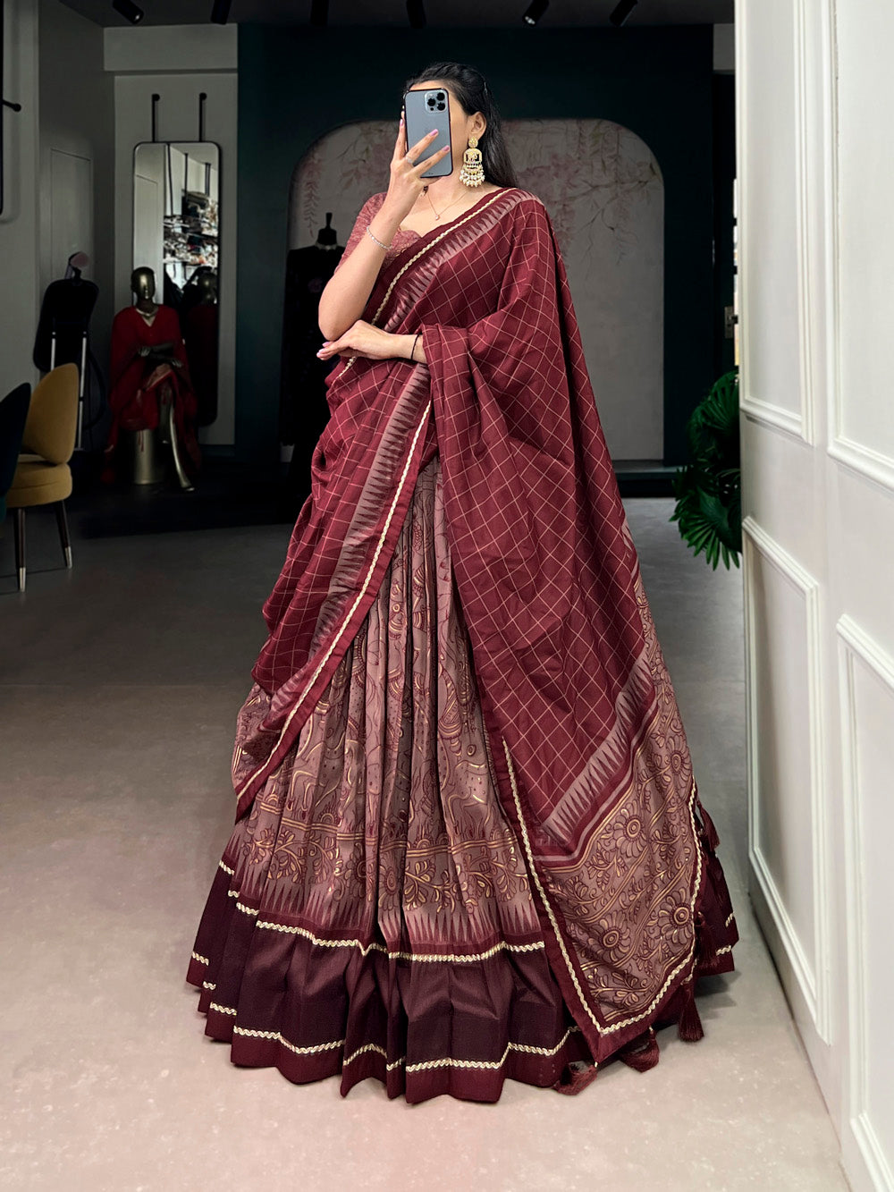 Maroon tasar silk kalamkari print lehenga choli with lace border tassel dupatta
