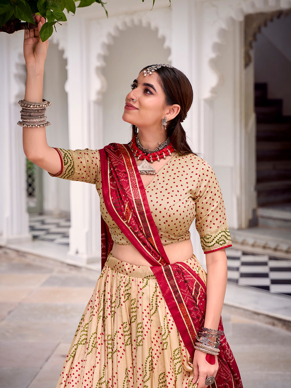 Off white tasar silk bandhej print lehenga choli with gotta patti lace work 4 meter flair