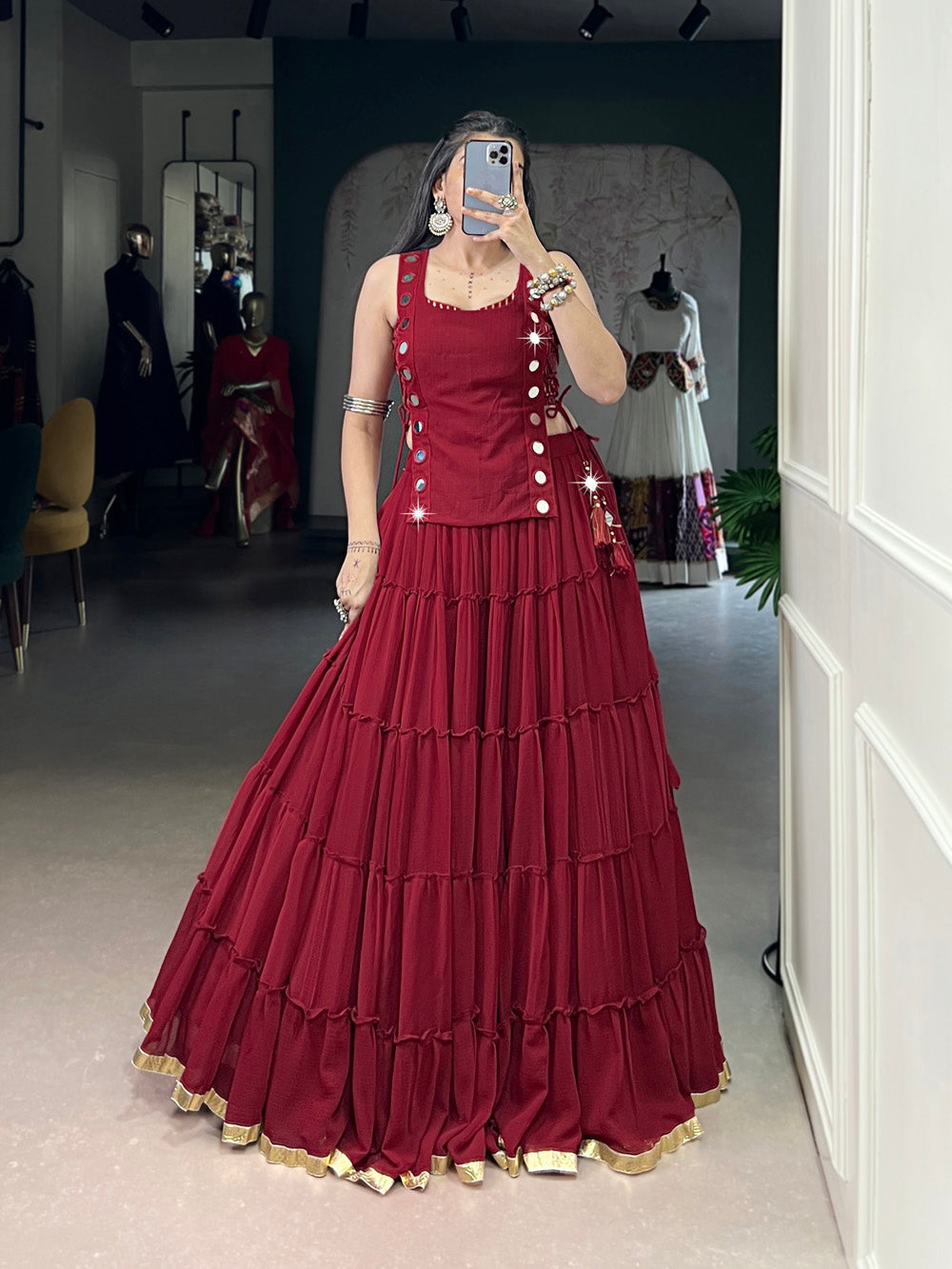 Red color embossed design lace border marbel chaniya choli