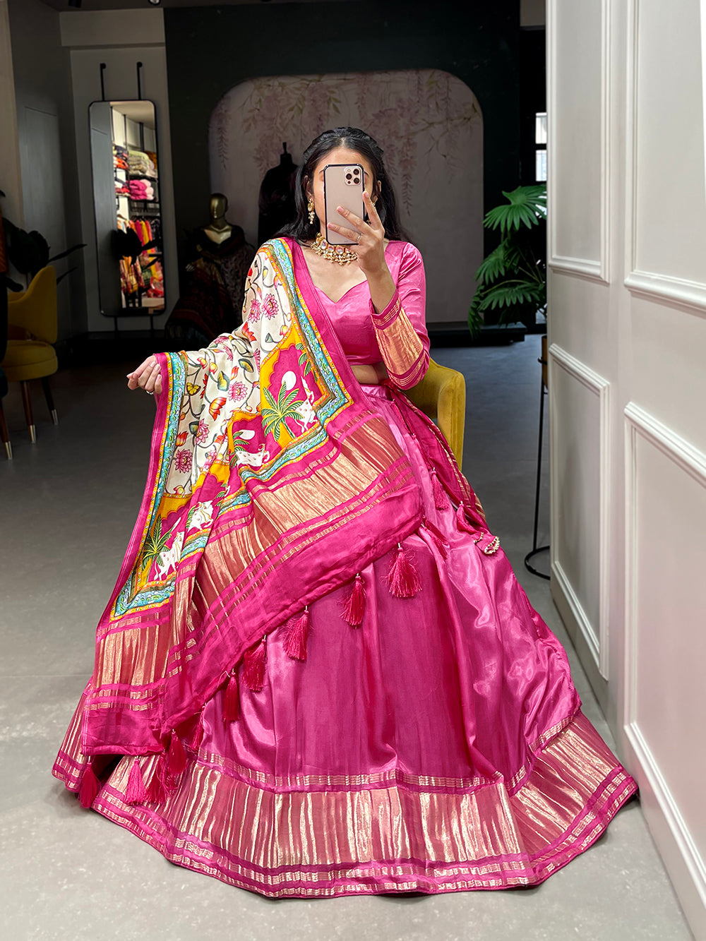 Pink Color Dyeing With Lagdi Patta Gaji Silk Lehenga Choli
