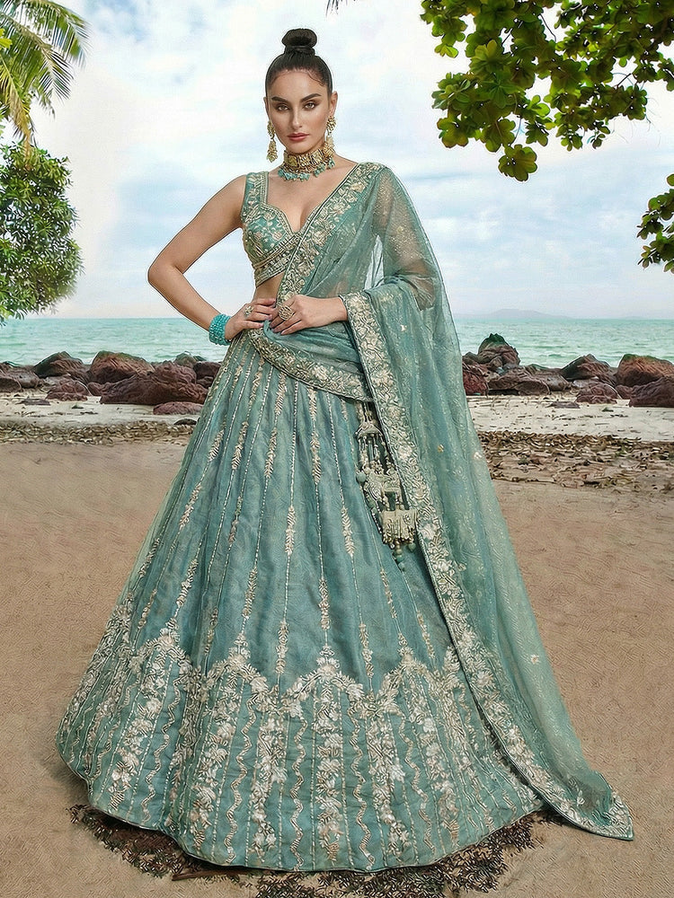 Lagoon Turquoise Chiffon Sequin & Zari Thread Embroidered Lehenga Choli Set