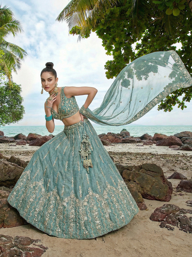 Lagoon Turquoise Chiffon Sequin & Zari Thread Embroidered Lehenga Choli Set