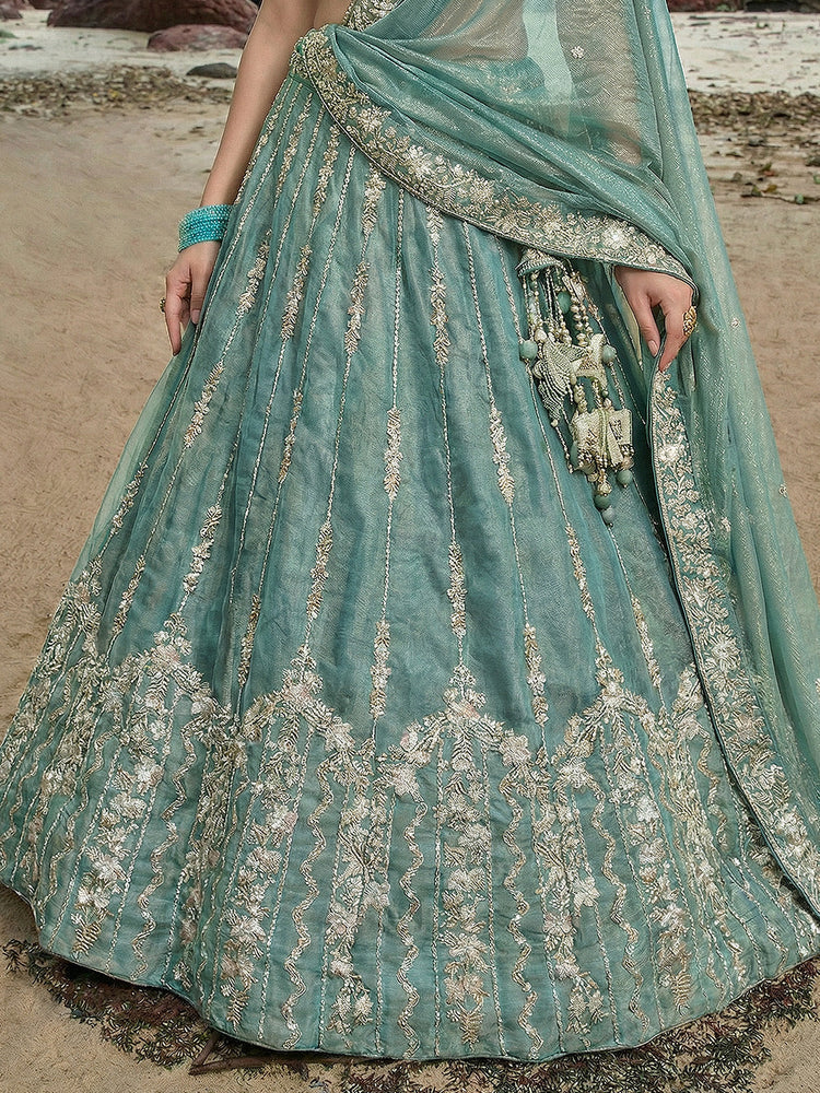 Lagoon Turquoise Chiffon Sequin & Zari Thread Embroidered Lehenga Choli Set